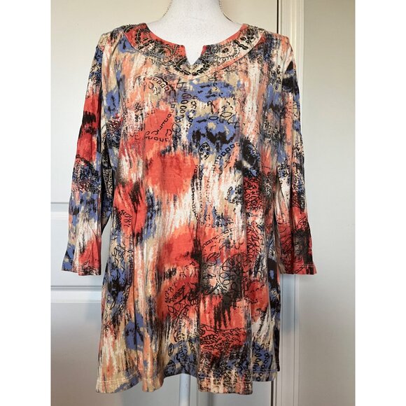 JM Collection Abstract Floral Long Sleeve Top Size XL Tunic 100% Cotton India - Picture 1 of 8